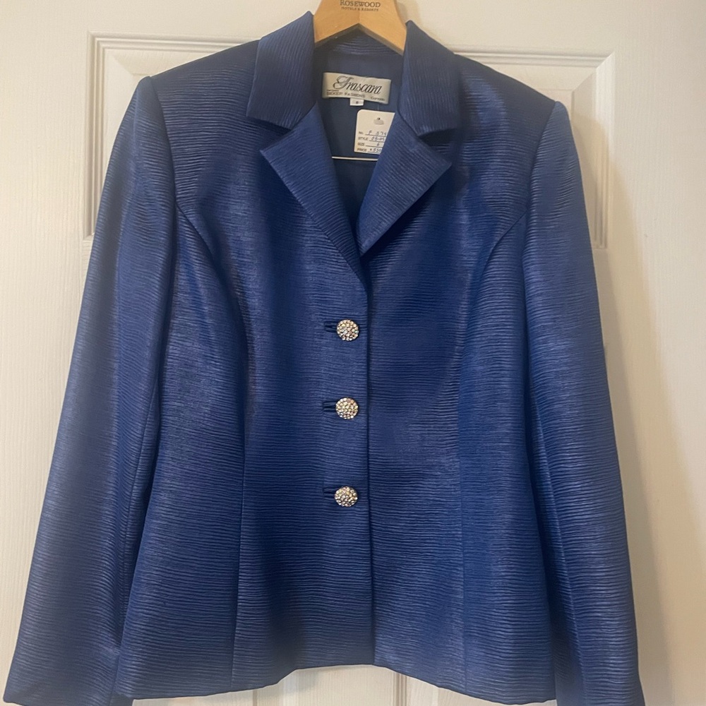Elegant women’s blue suit by Frascara. Perfect for wedding or evening out.